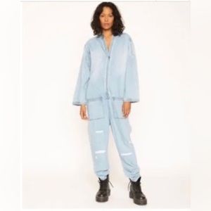 NWT Sandrine Rose lightly distressed full jumpsuit. Lightweight denim. Size XS